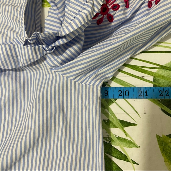 Cupio Women Cold Shoulder Cut Ruffle Trim Blue Stripe Cotton Dress size Medium - Picture 11 of 13